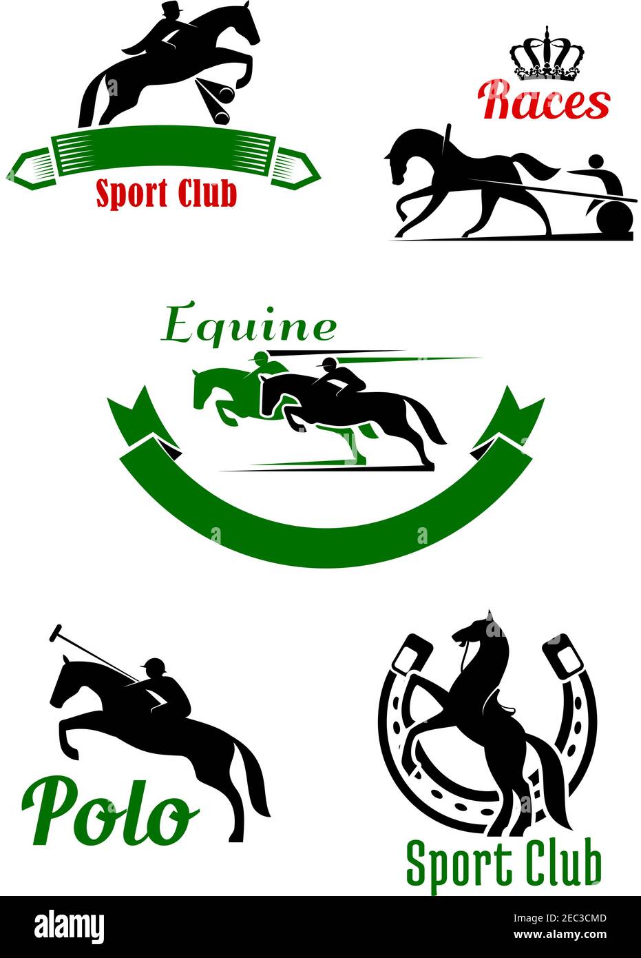 Equestrian sporting symbols with black and green silhouettes of running, jumping and rearing up horses with riders and two wheeled cart decorated by h Stock Vector