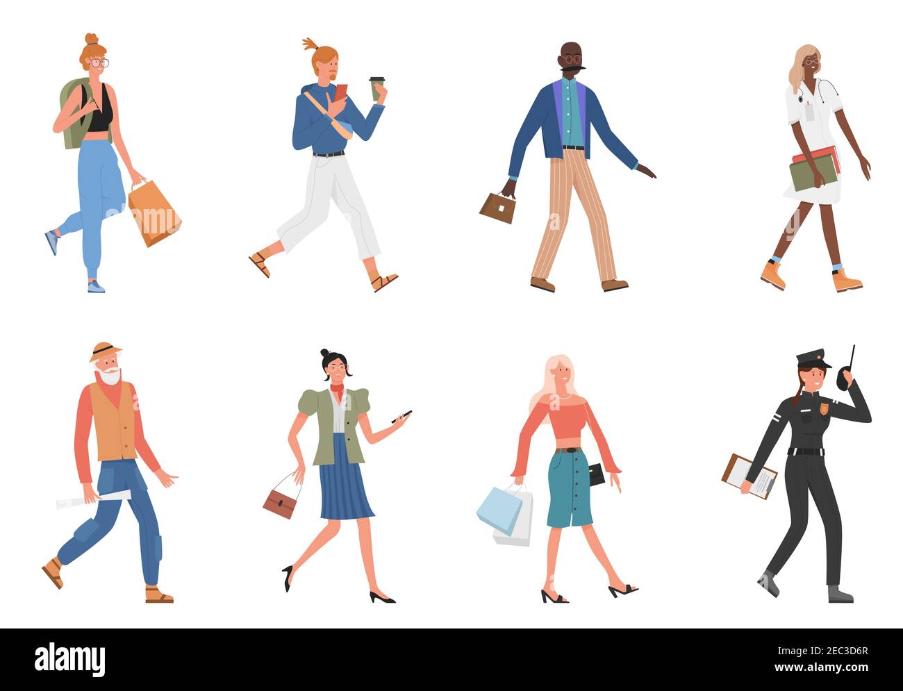 People walk vector illustration set. Cartoon flat young and old man woman characters walking collection, girl with shopping bags, businessman and businesswoman, student doctor police isolated on white Stock Vector