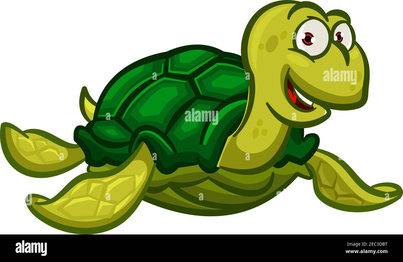 Happy cartoon swimming pacific turtle with dark green carapace with scaly pattern and olive colored skin. Cheerful smiling marine reptile character fo Stock Vector