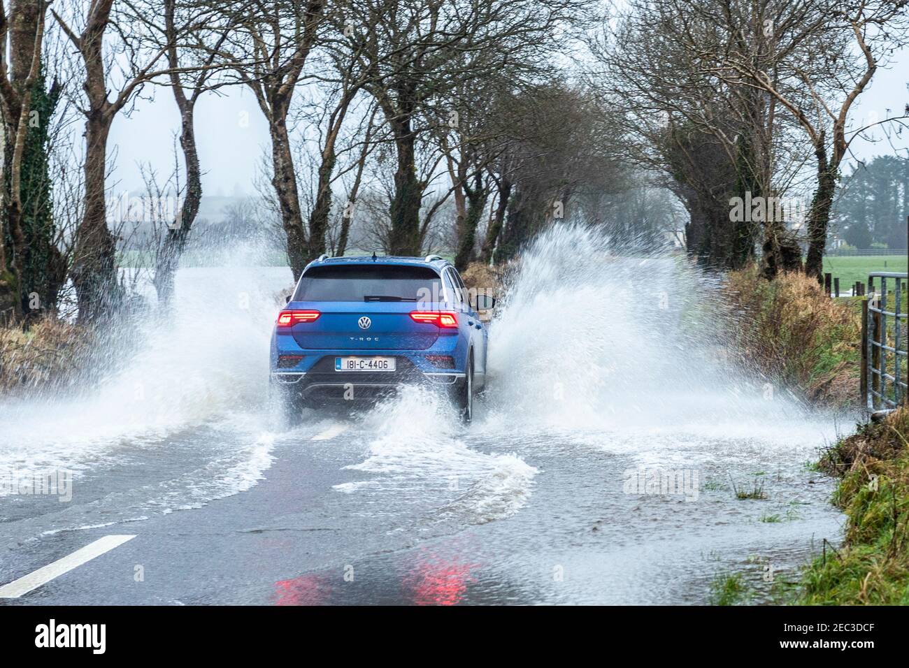 West Cork, Ireland. 13th Feb, 2021. Many parts of West Cork flooded today after a night of torrential rain. The River Ilen on the R594 near Caheragh burst its banks during the night. Credit: AG News/Alamy Live News Stock Photo