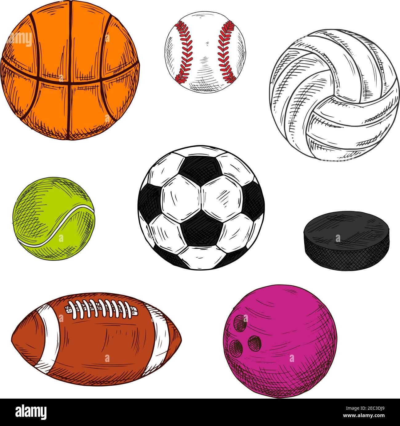 Sketched sporting balls and puck for soccer and american football, baseball  and ice hockey, basketball and tennis, volleyball and bowling. May be use  Stock Vector Image & Art - Alamy