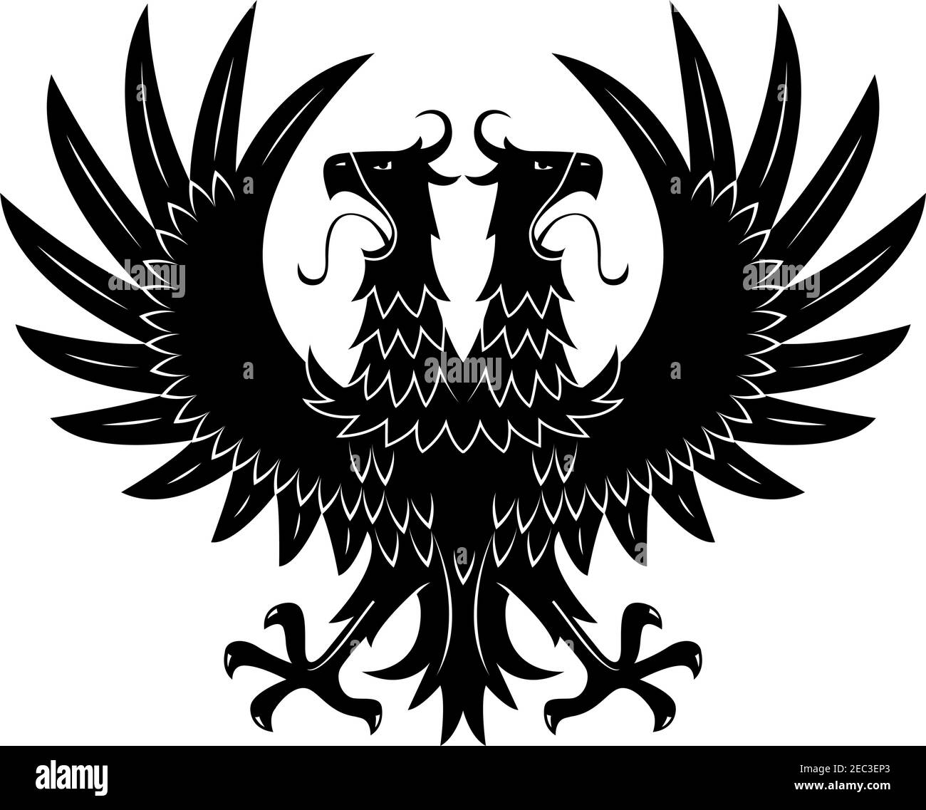 Double headed black eagle symbol with raised wings and wide open beaks with long tongues. Medieval royal heraldry or coat of arms design usage Stock Vector