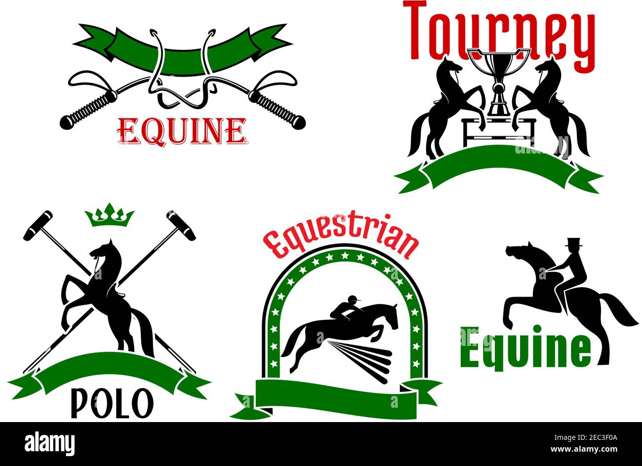 Jumping and rearing up horses, dressage whips, mallets and trophy cups icons, framed by ribbon banners, stars and crown. Use as equestrian sport tourn Stock Vector