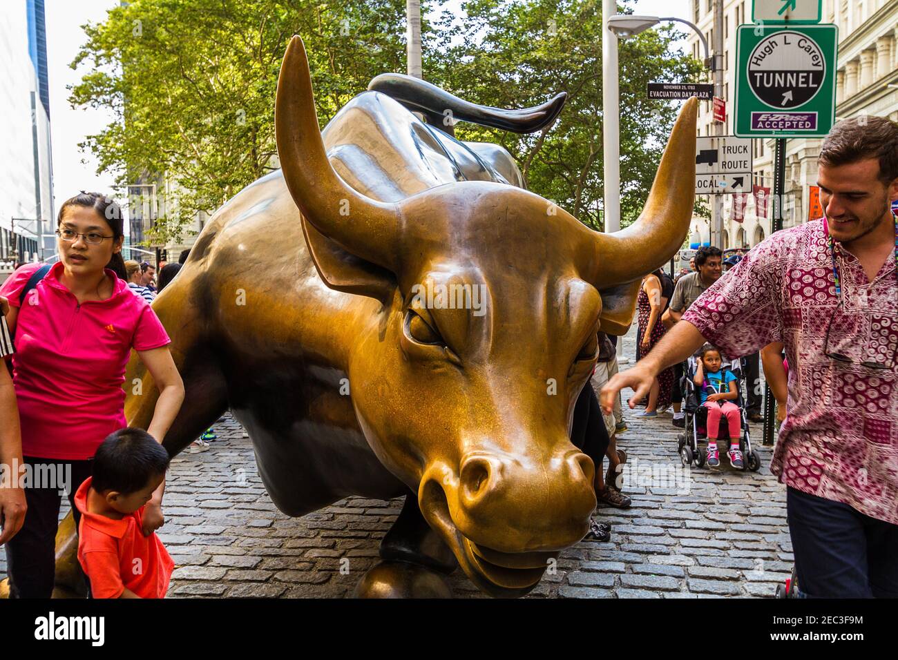 Charging bull statue, also known as Wall Street Bull, in the Financial