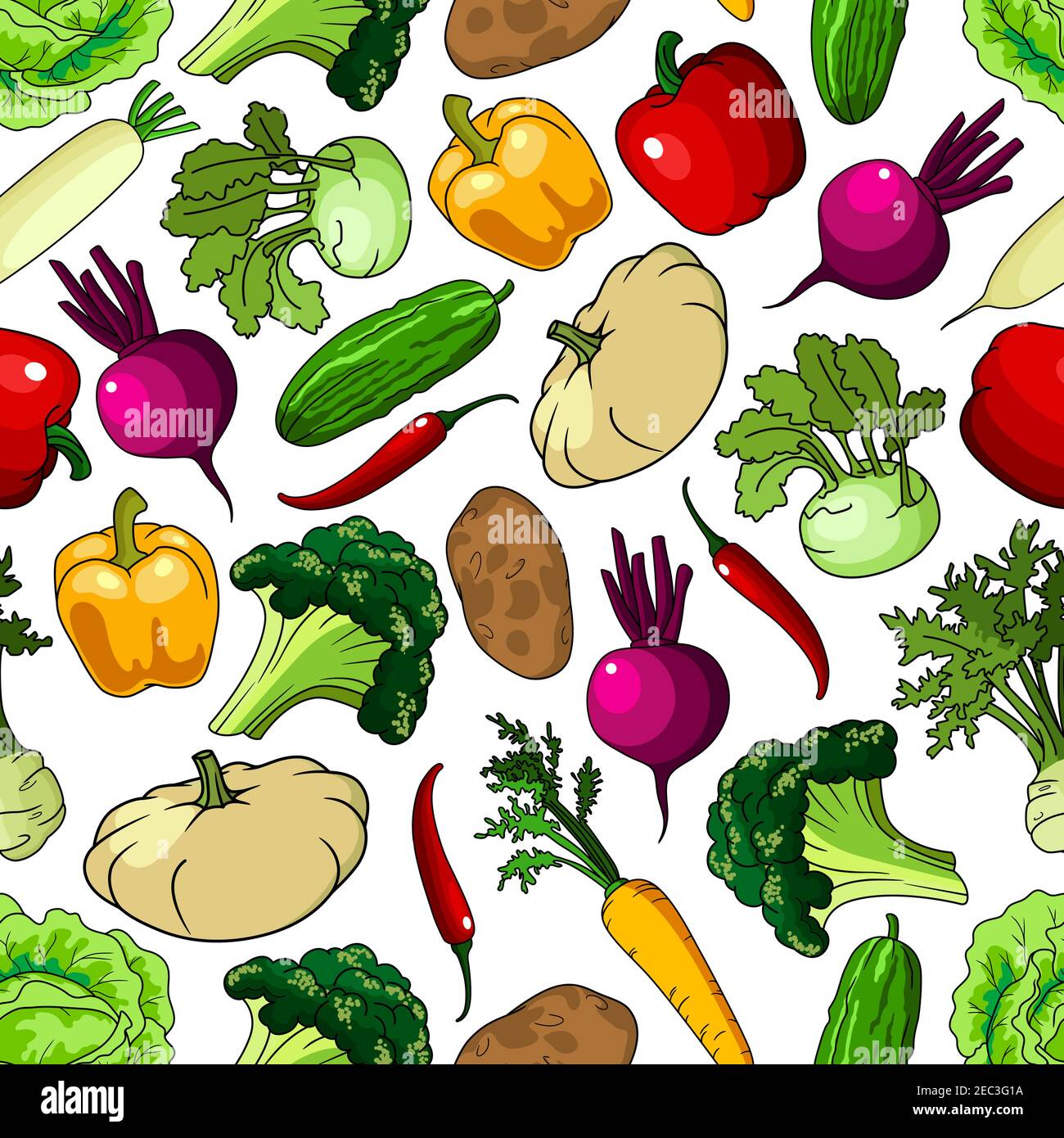 Bright background with seamless pattern of fresh picked broccoli and cabbages, cucumbers and potatoes, chili and bell peppers, beetroots and carrots, Stock Vector