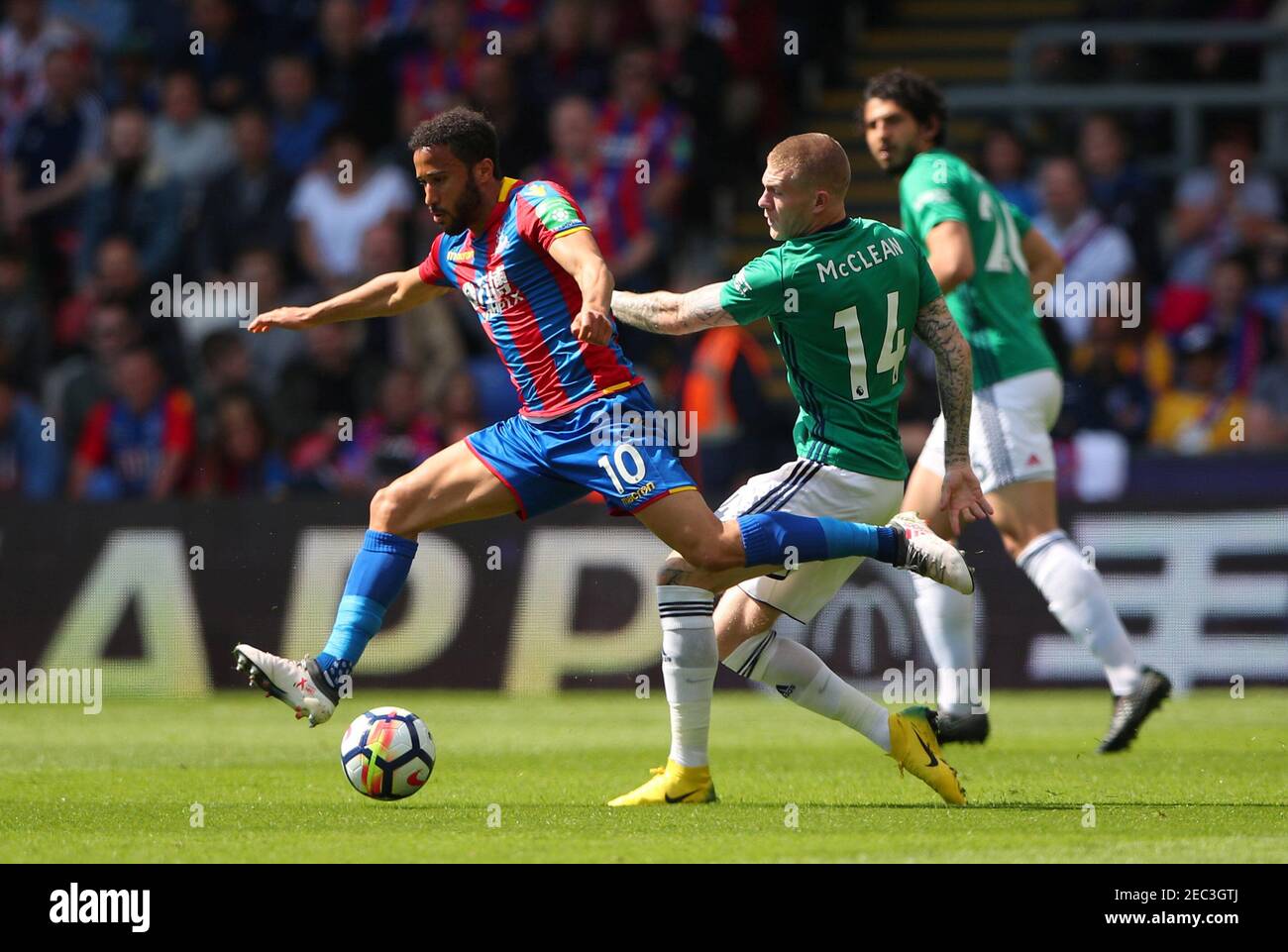 Soccer Football - Premier League - Crystal Palace vs West Bromwich Albion - Selhurst Park, London, Britain - May 13, 2018   Crystal Palace's Andros Townsend in action with West Bromwich Albion's James McClean    REUTERS/Hannah McKay    EDITORIAL USE ONLY. No use with unauthorized audio, video, data, fixture lists, club/league logos or 'live' services. Online in-match use limited to 75 images, no video emulation. No use in betting, games or single club/league/player publications.  Please contact your account representative for further details. Stock Photo