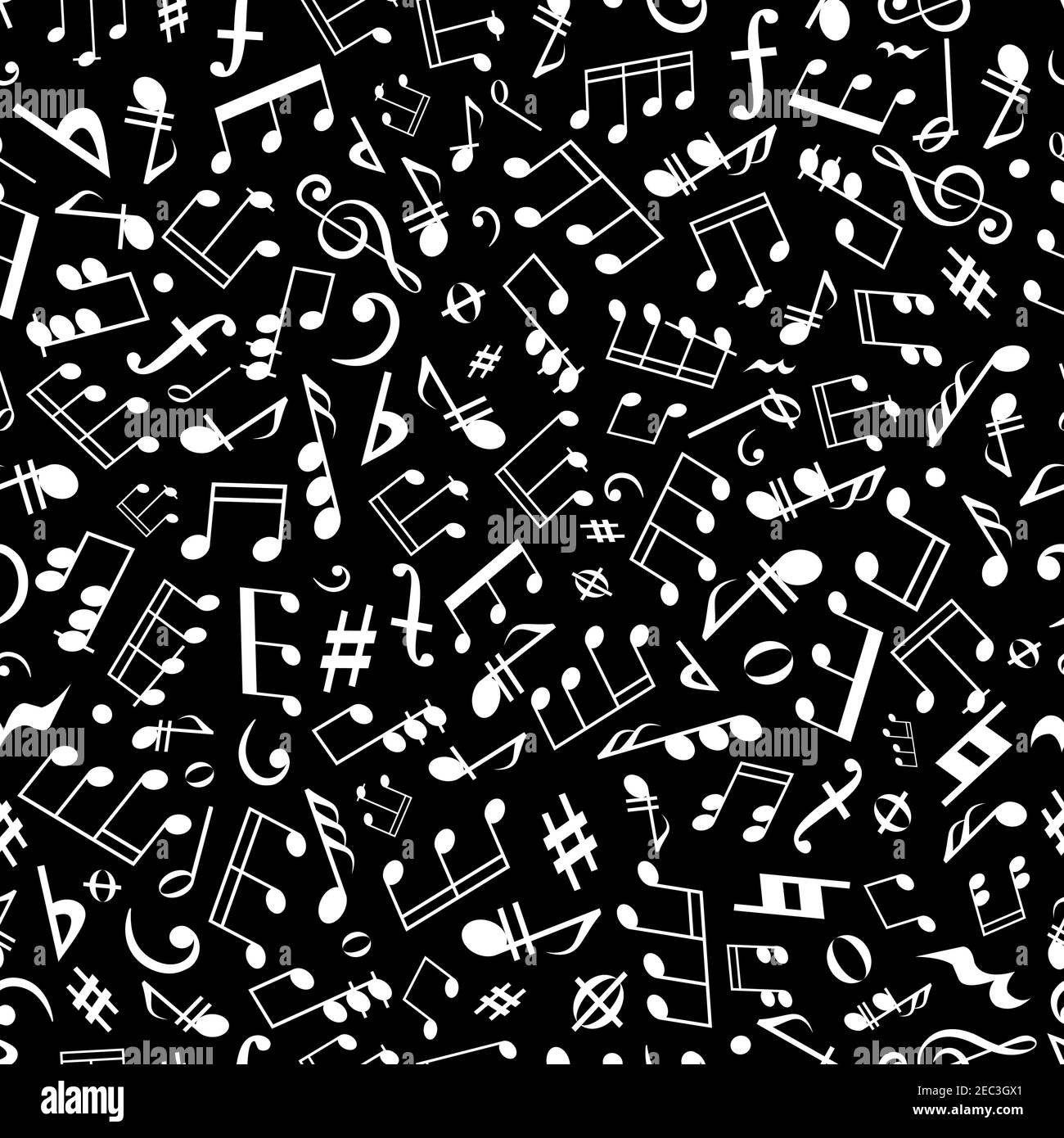 Seamless white musical notation pattern on black background for music, arts  and entertainment themes design with scattered musical notes, marks and sy  Stock Vector Image & Art - Alamy