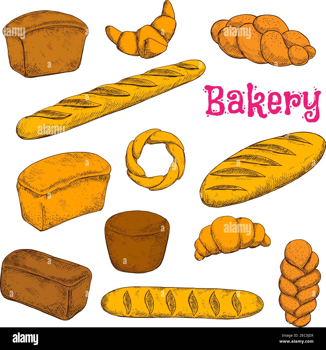 Fresh baked morning pastries and bread sketch icons for bakery shop ...