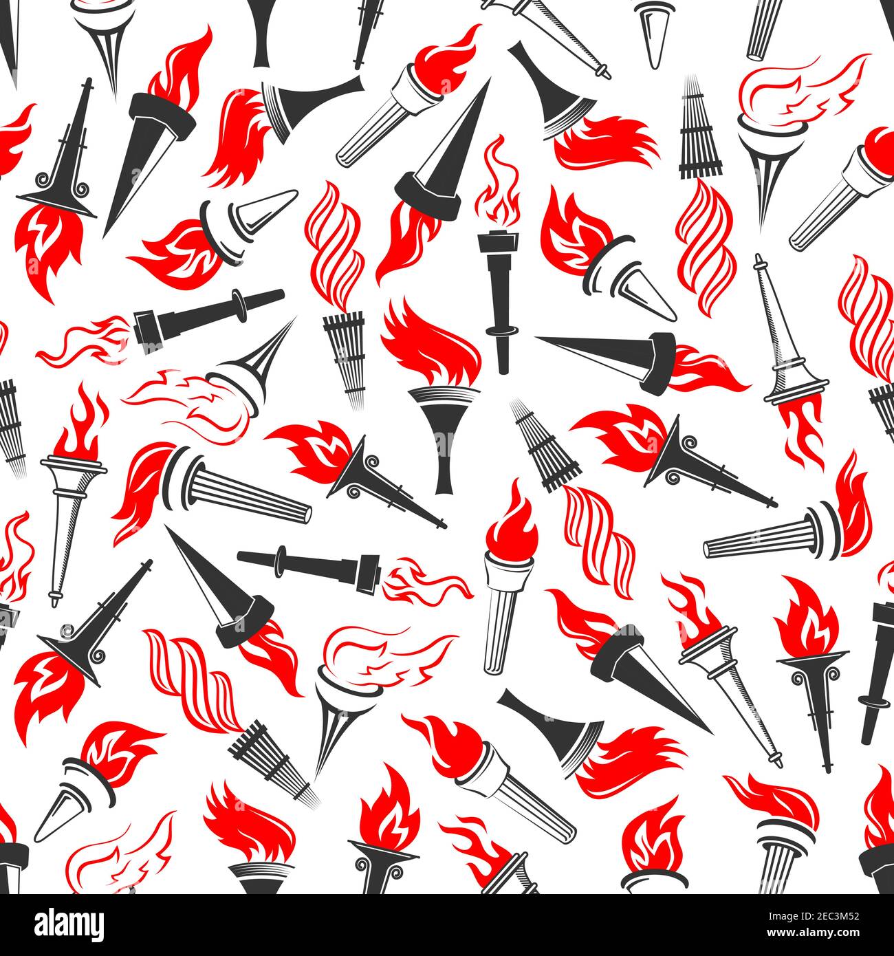 Seamless pattern of ancient greek burning torches with bright red flame swirls, randomly scattered on white background. Sporting competition, achievem Stock Vector