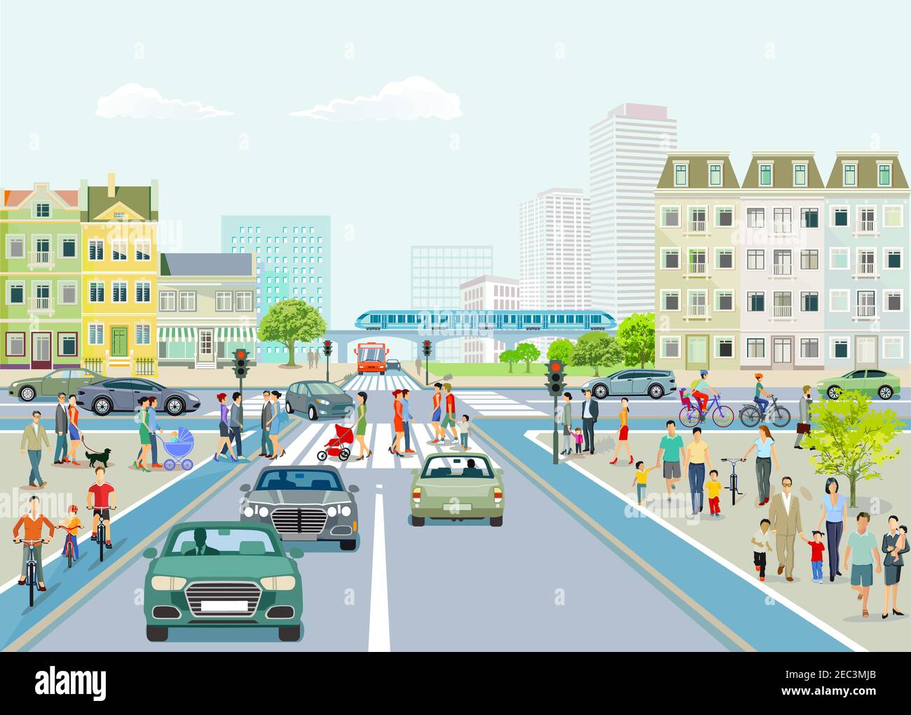 City with road traffic, skyscrapers, apartment buildings and pedestrians on the sidewalk, illustration Stock Vector