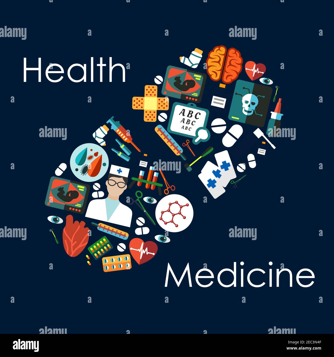 Medical and healthcare themed icons, arranged into silhouette of a pill, including doctor and medicine bottles, drugs and syringes, hearts and brain, Stock Vector