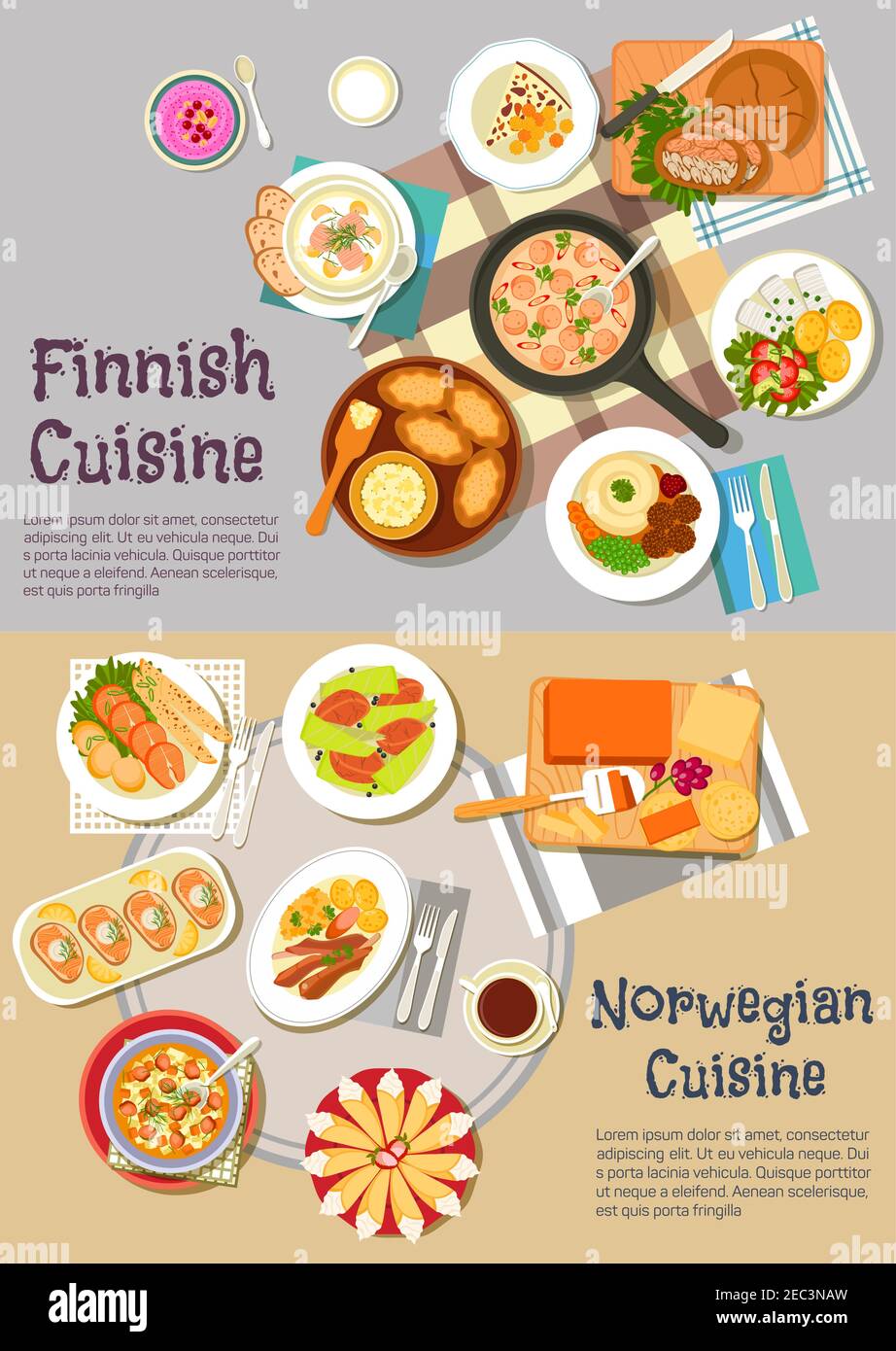 Scandinavian cuisine dinner flat icon with finnish rye and rice pies, sausage sauce and meat balls, salmon soup, pickled herrings, cheese bread and be Stock Vector