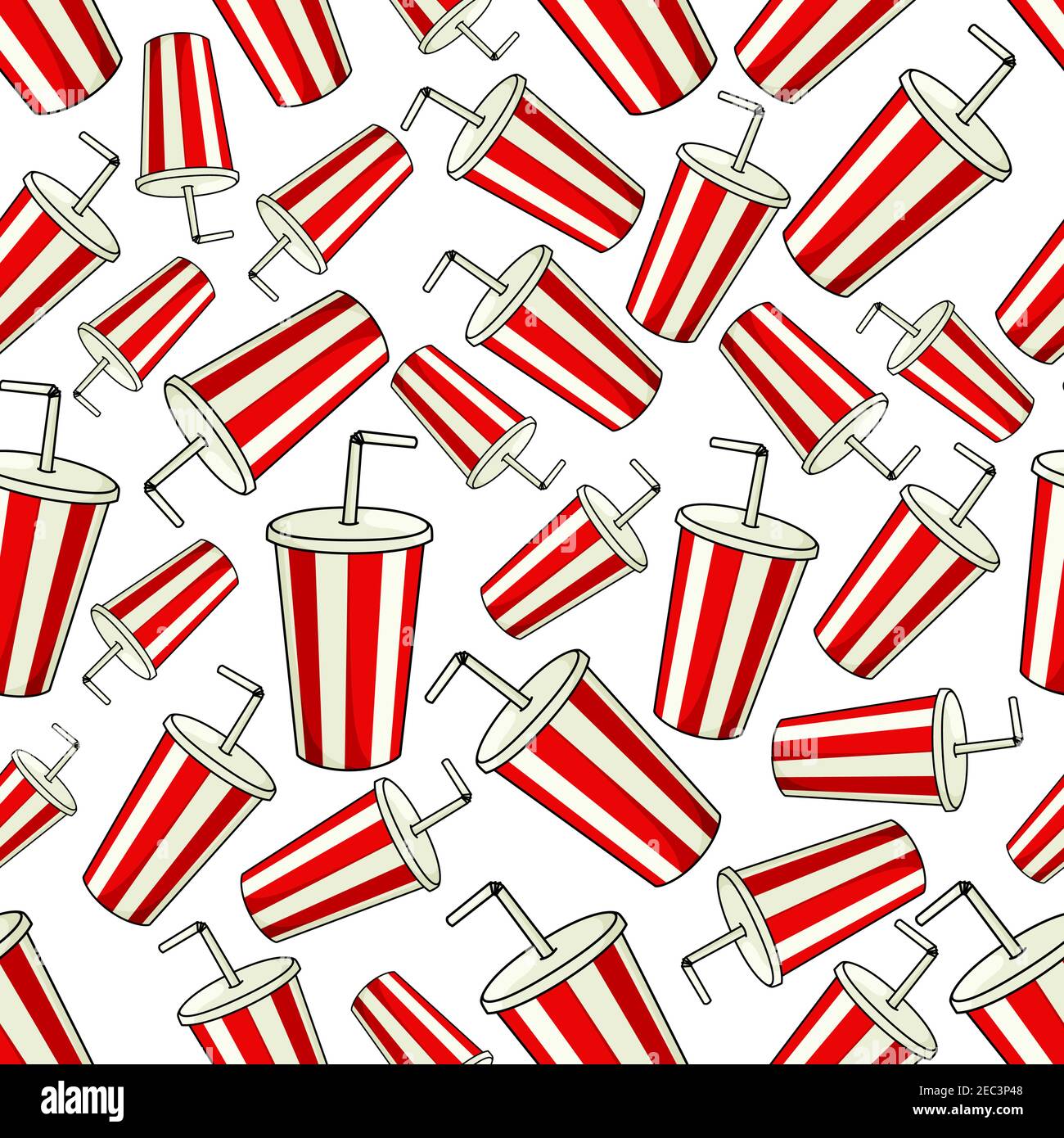 Traditional striped paper cups of sweet soda with drinking straws seamless pattern background with disposable cups of fast food soft drink with red an Stock Vector