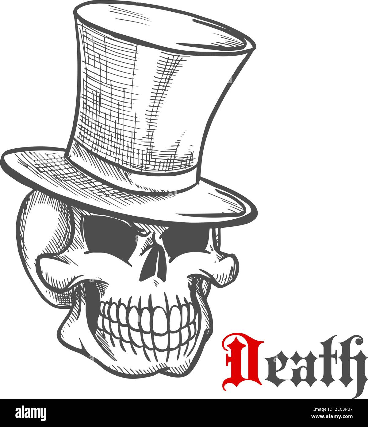 Elegant mister skull icon in vintage silk top hat with evil grin. Skeleton gentleman sketch illustration for tattoo, t-shirt print or Halloween mascot Stock Vector