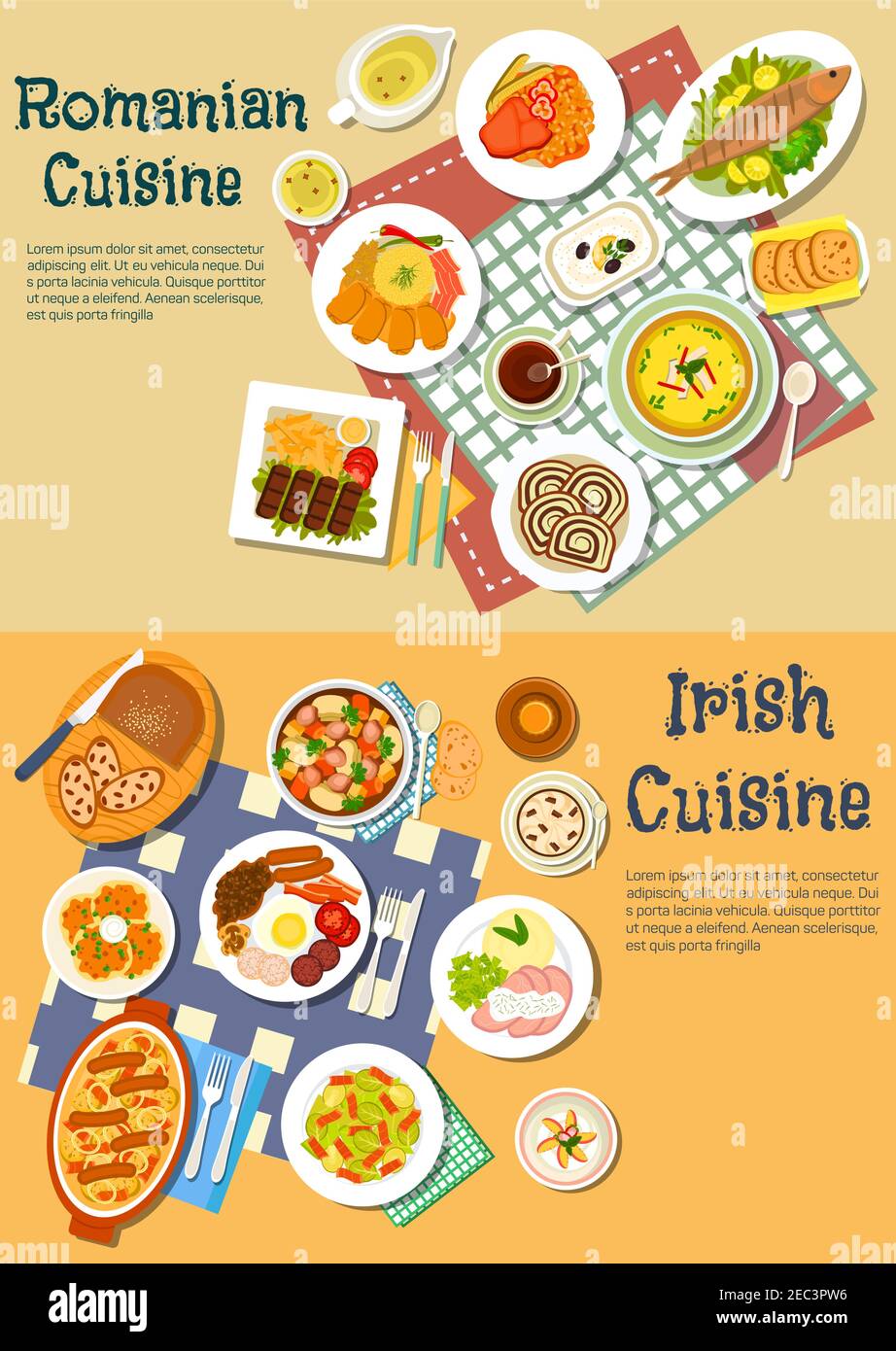 Irish stew and romanian mamaliga dishes served with grilled meat and fish, pancakes and full breakfast, cabbage rolls and corned beef, brussel sprouts Stock Vector