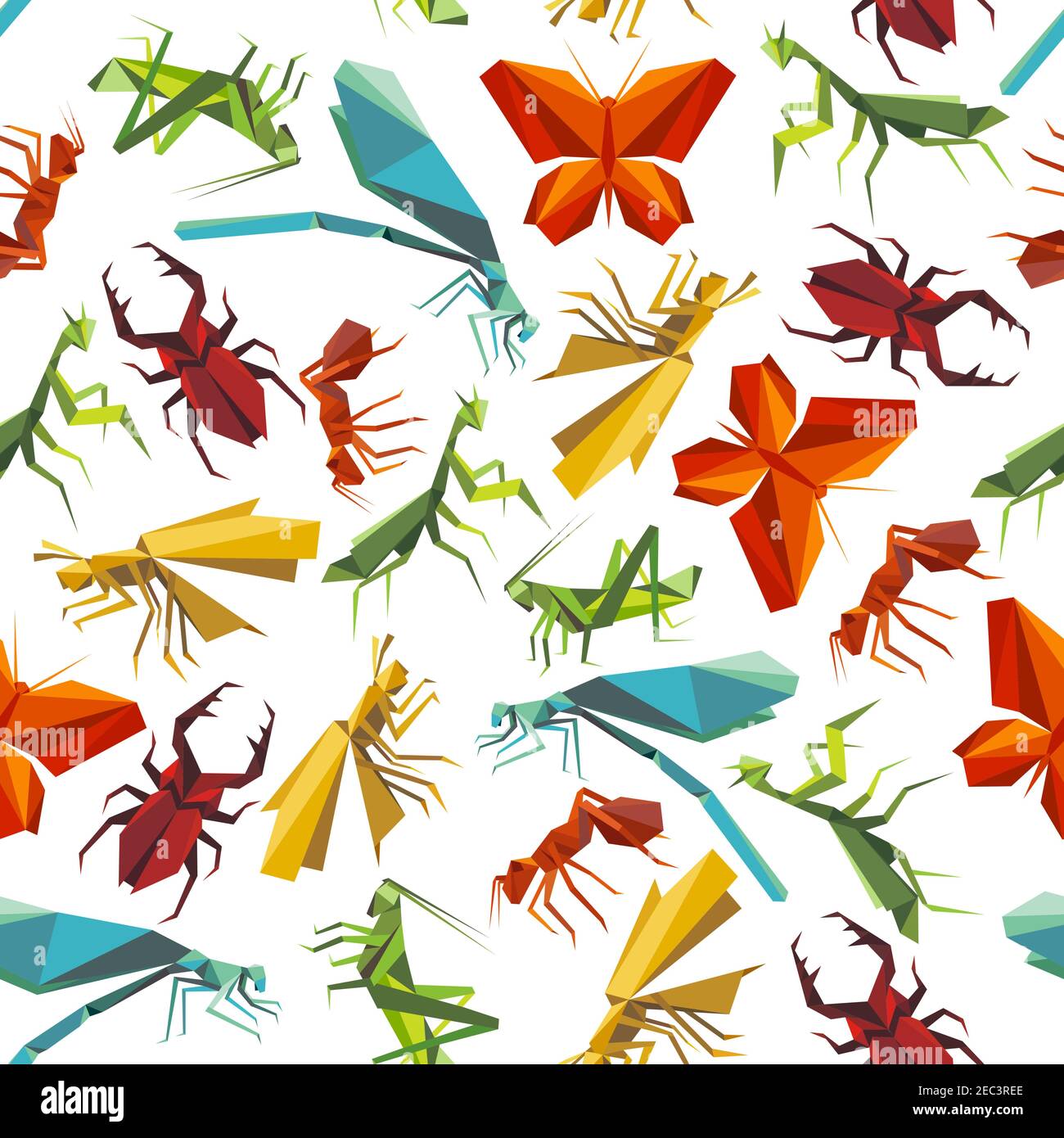 Seamless paper origami insects pattern background for nature theme design with colorful butterflies and ants, dragonflies, beetles and grasshoppers, m Stock Vector