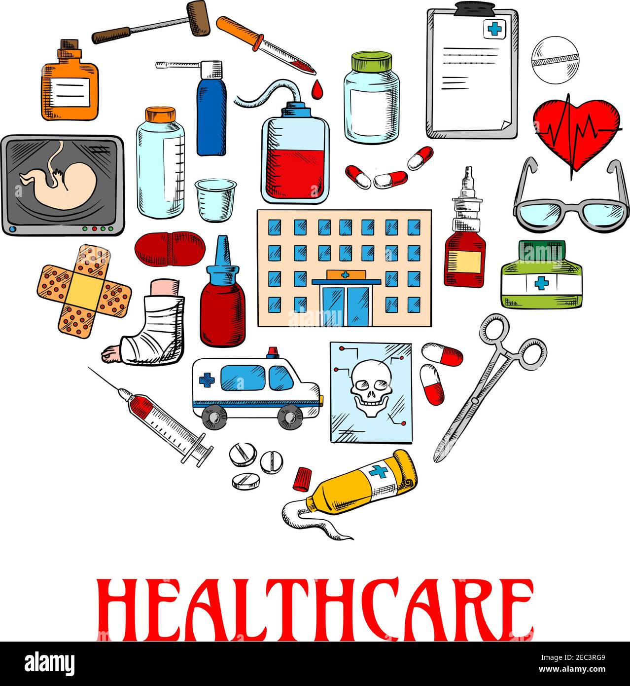 Colored sketch symbol of a heart made up of healthcare and medical icons such as medicine bottles and medical instruments, pills and syringes, blood b Stock Vector
