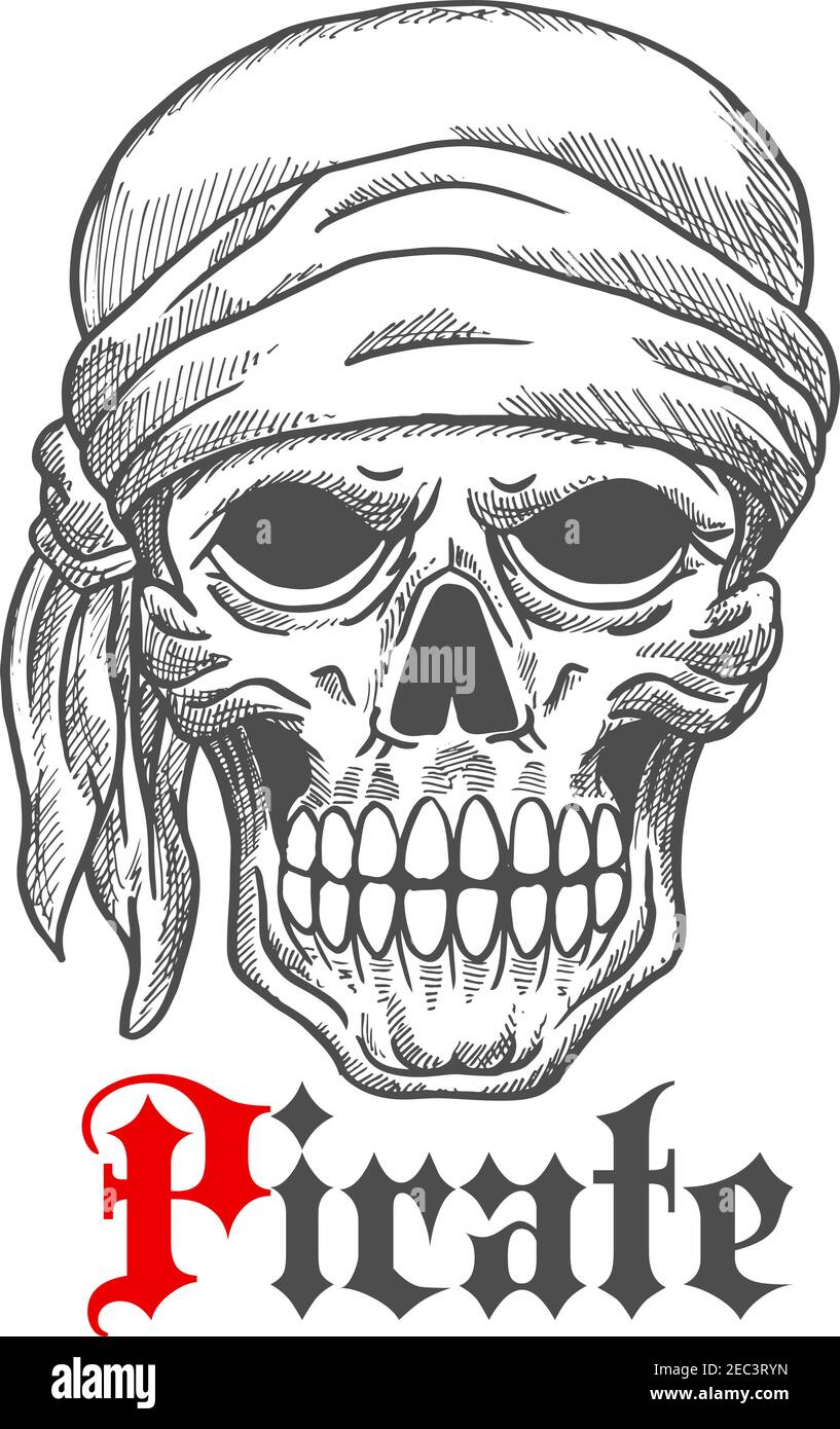 Creepy pirate sailor skull wearing bandana sketch icon with frightful leftovers of flesh on cheeks and under eyes. Great for marine adventure theme or Stock Vector