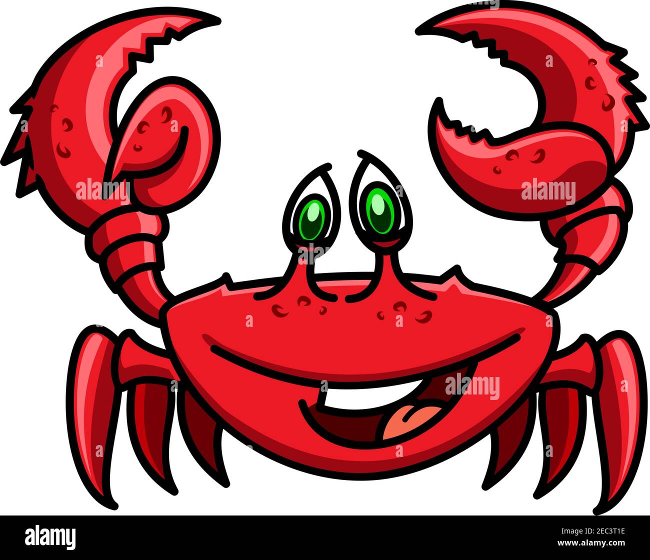 Smiling cartoon ocean red crab is running with raised claws. Childish stylized marine crustacean animal character for wildlife theme or book hero desi Stock Vector