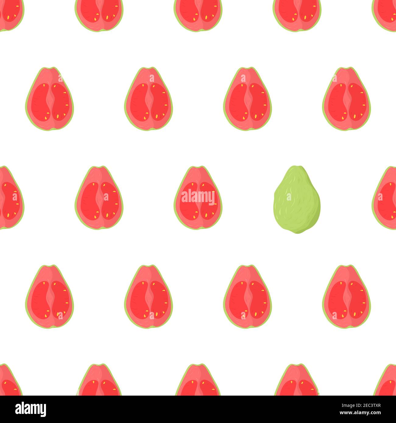 Eye catching seamless pattern with pink guava fruit cut in half with yellow seeds and one whole green. Nature food vector illustration. Organic textile. Healthy food on white background. Stock Vector