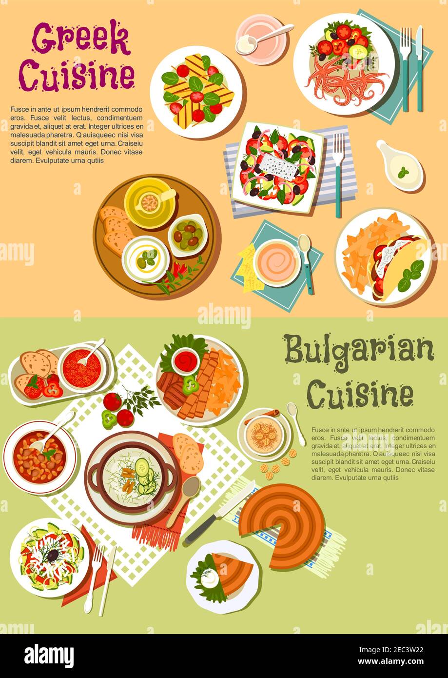 Typical national dishes of Greece and Bulgaria symbol of greek and bulgarian vegetable salads with cheese, olives, tzatziki and tomato sauces, grilled Stock Vector