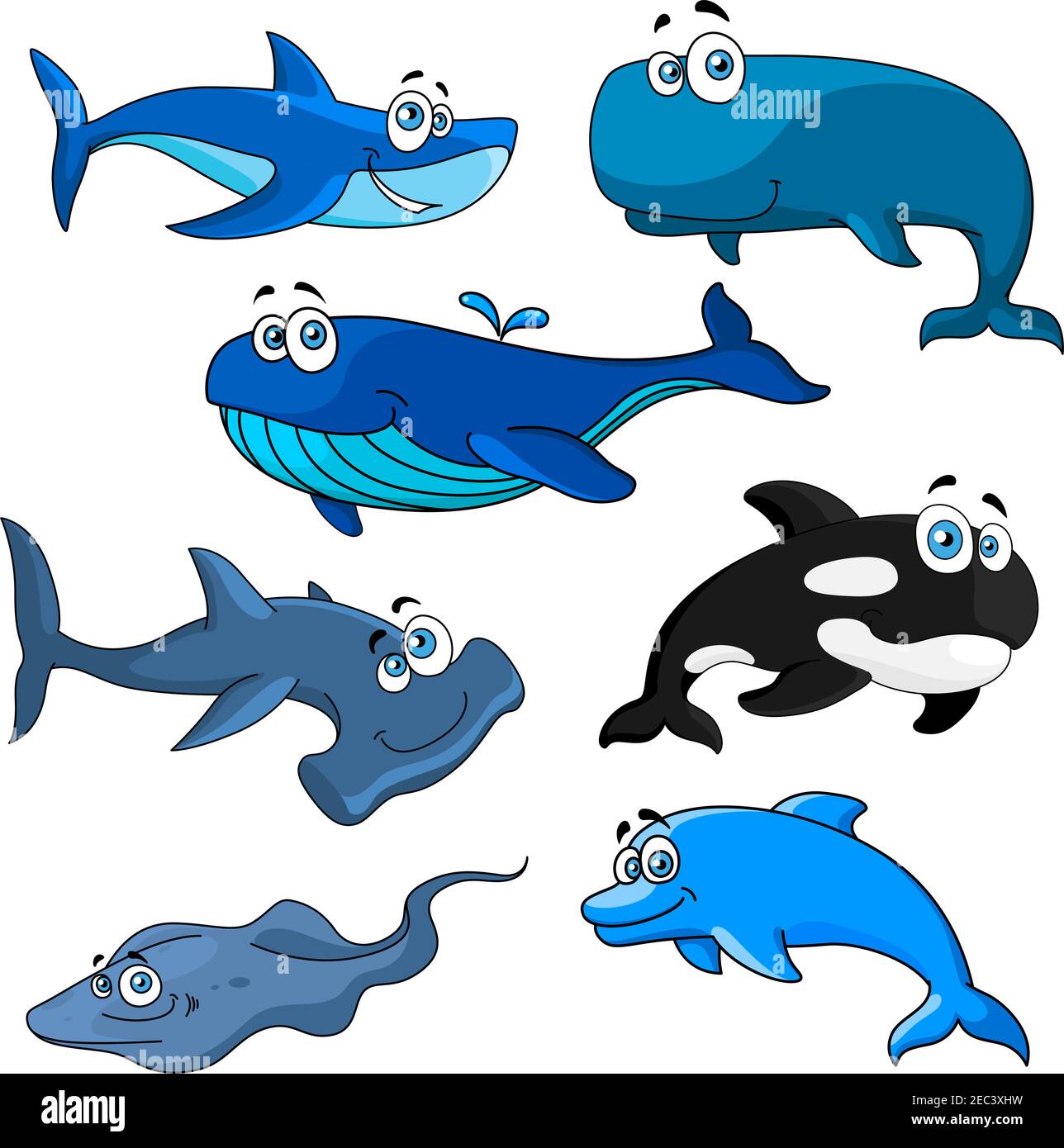 Funny smiling sea animals with cartoon characters of blue, bowhead and  killer whales, reef and hammerhead sharks, happy dolphin and stingray.  Underwat Stock Vector Image & Art - Alamy