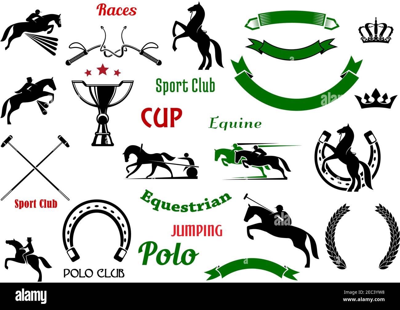 Equestrian and polo club, races and jumping show competition symbols with rearing up and jumping horses, galloping race horses with riders, trophy cup Stock Vector