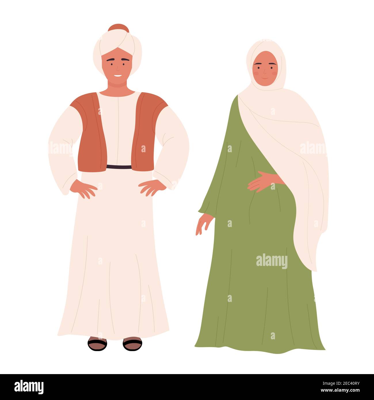 Muslim family or couple people vector illustration. Cartoon arab flat young man woman, arabian husband and wife standing together, saudi characters wearing traditional clothes isolated on white Stock Vector
