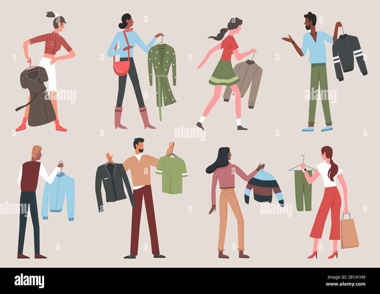 People with clothes hanger vector illustration set. Cartoon young man and woman characters standing, holding hanging dress or jacket, choosing between two clothing during shopping in store or home Stock Vector