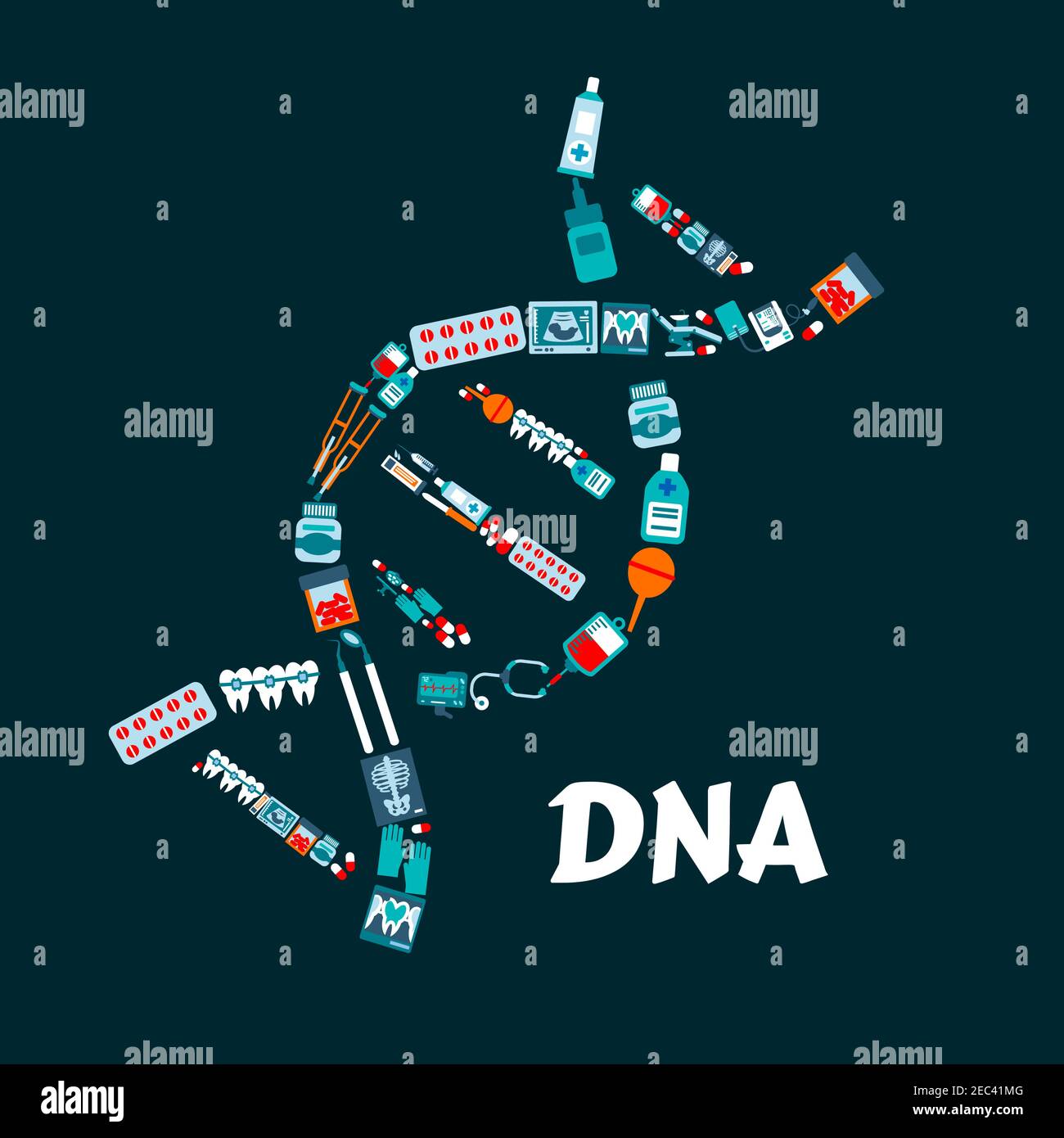 DNA helix symbol for healthcare and science theme design with pills and  stethoscope, medicines and blood bags, dentist chair, tools and teeth with  bra Stock Vector Image & Art - Alamy