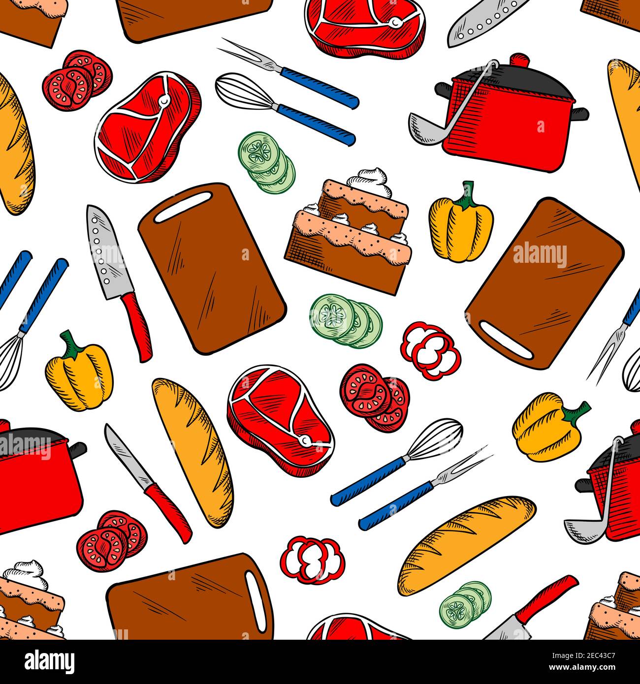 Cooking dinner colorful seamless background with sketch pattern of beef ...