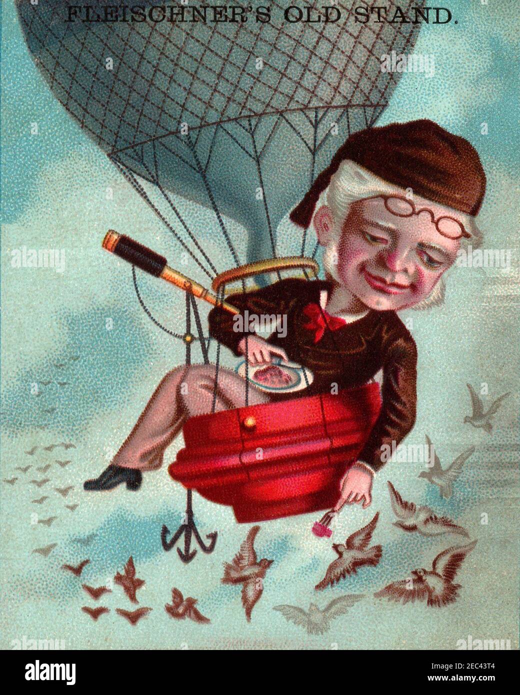 1880's antique victorian lithograph trade card advertisement of a gift store featuring a man in a hot air balloom surrounded by birds which he is feed Stock Photo