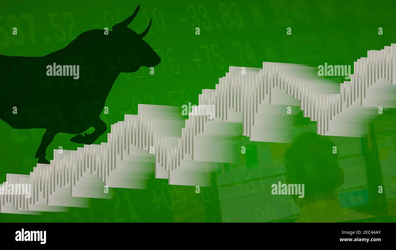 A white bar chart on a green background with a black silhouette of a