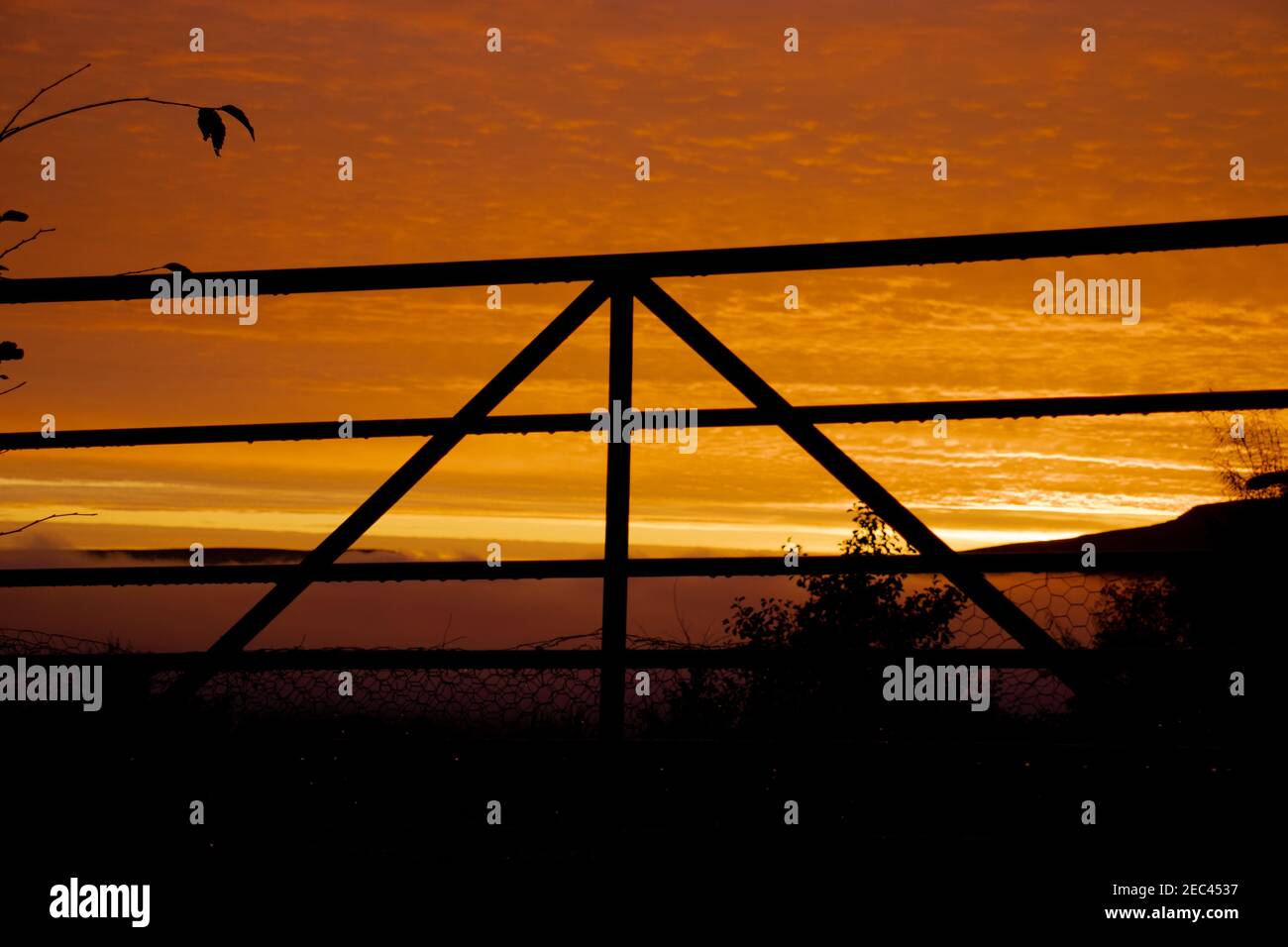 Silhouette of a metal gate & a dramatic sunrise Stock Photo