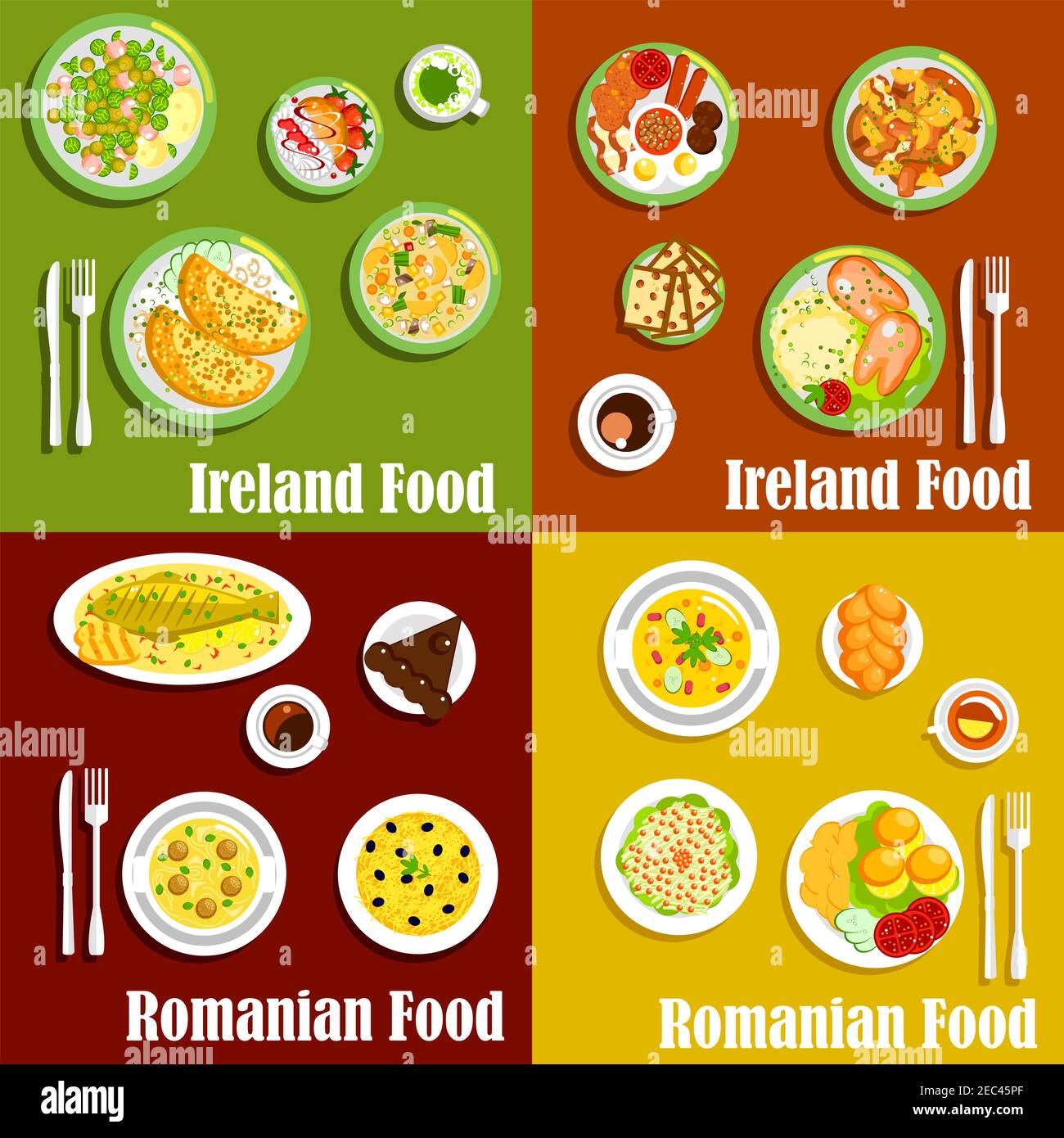 Traditional irish full breakfast and romanian mamaliga flat icons served with pancakes and corned beef salad, pigs fits and meatball soup, grilled fis Stock Vector