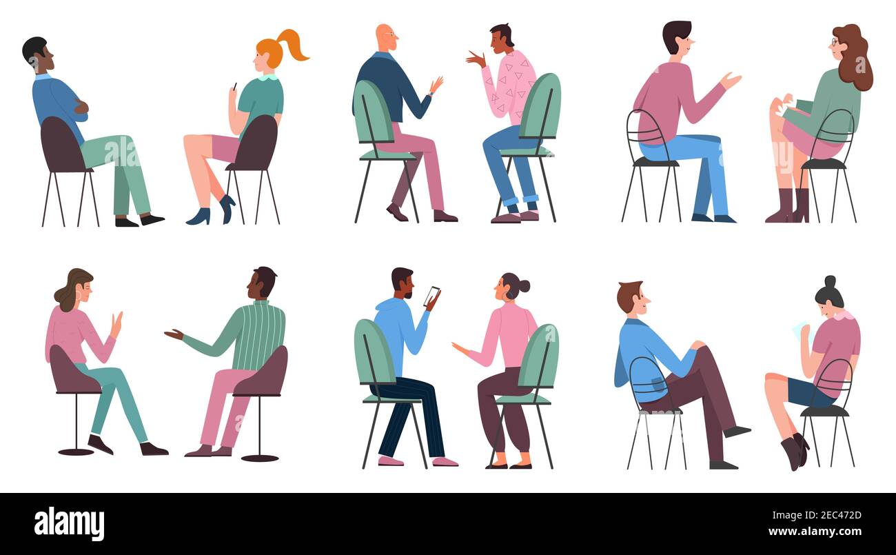 People sit on chairs vector illustration set. Cartoon man woman characters in casual clothes sitting on stools or chairs collection, holding smartphone, chatting with friends isolated on white Stock Vector