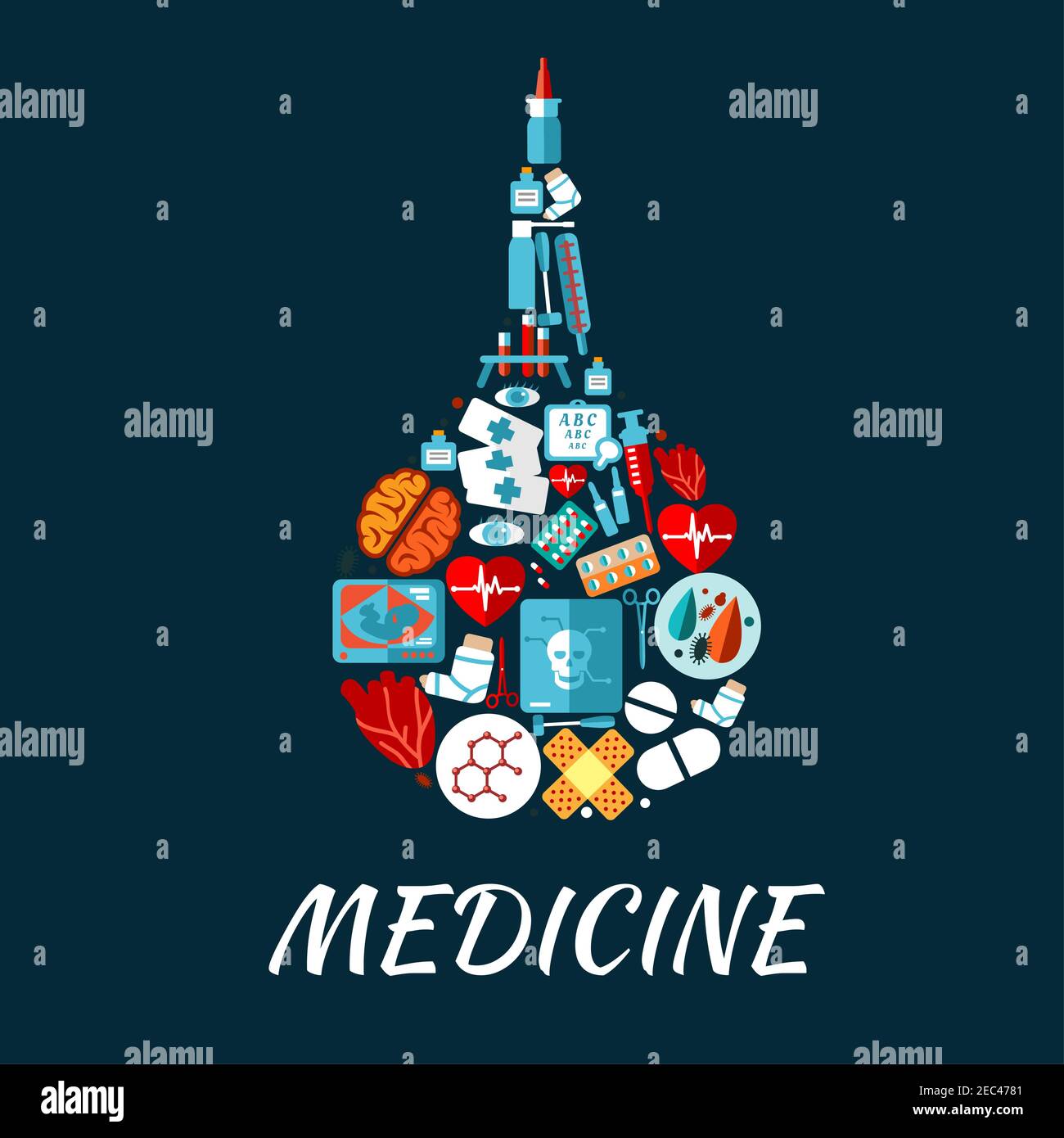 Medical enema icon made up of hearts, eyes and brain, pills, syringe and medicine bottles, laboratory test tubes and medical tools, baby ultrasound, x Stock Vector