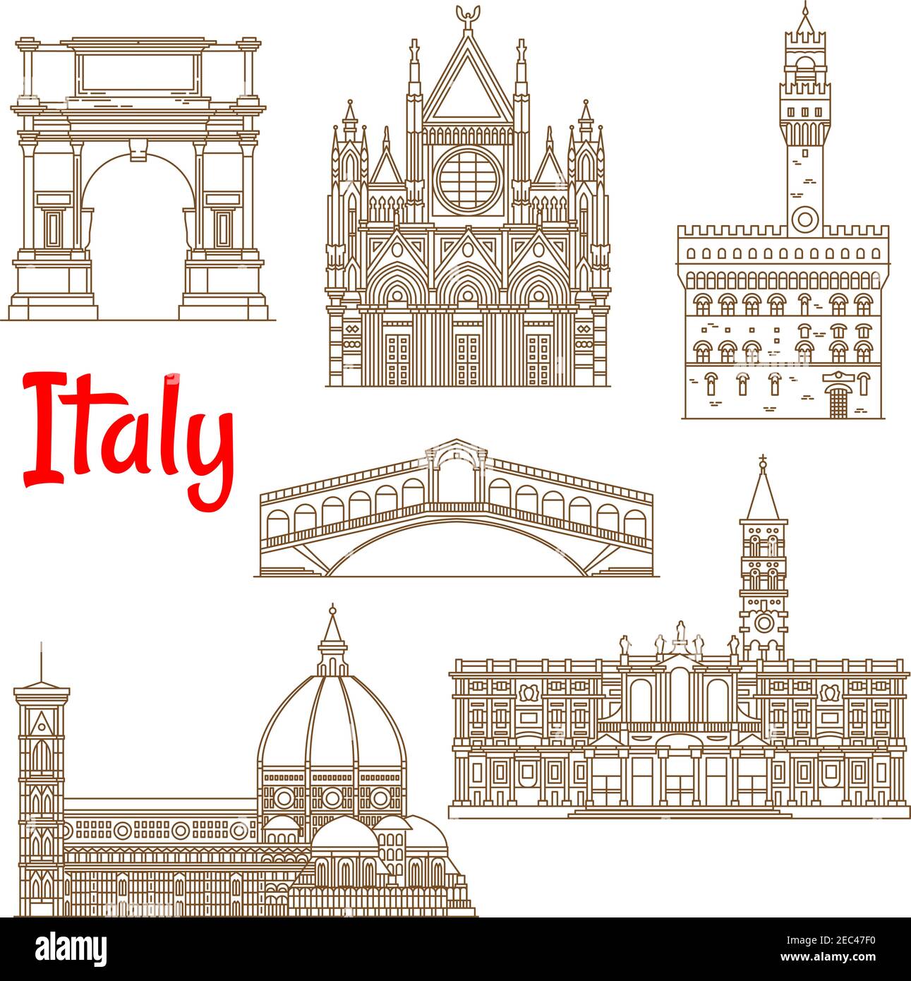 Renaissance architecture and ancient monuments of Italy icons in thin line style. Church of Santa Maria Maggiore and Siena Cathedral, Cathedral of Sai Stock Vector