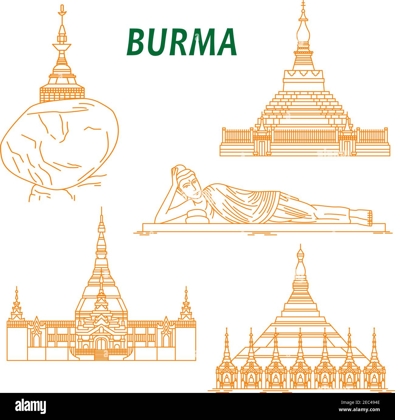 Popular buddhist pilgrimage and tourist sites of Myanmar symbols with Shwezigon Pagoda, Kyaiktiyo Pagoda, Reclining Buddha, Uppatasanti Pagoda and Bag Stock Vector