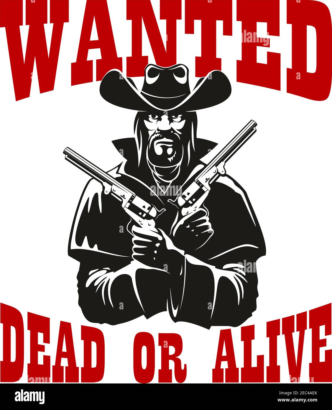 Dangerous criminal cowboy wanted dead or alive poster icon with brutal bearded man in leather coat and hat with revolvers in both hands. Western theme Stock Vector