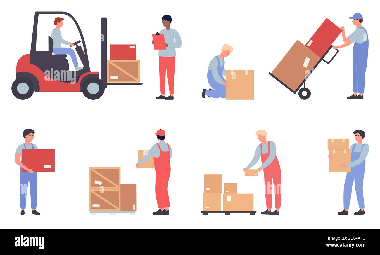 Warehouse workers doing job set. Cartoon flat worker staff people work, load packages and containers loading warehousing process isolated on white Stock Vector