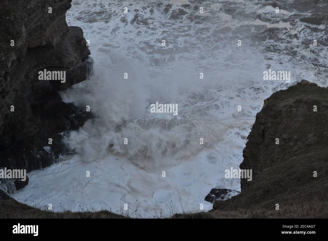 Wild And Windy North Sea - Filey Brigg - Rough North Sea - White Water - Crashing Waves - Winter - Yorkshire - UK Stock Photo
