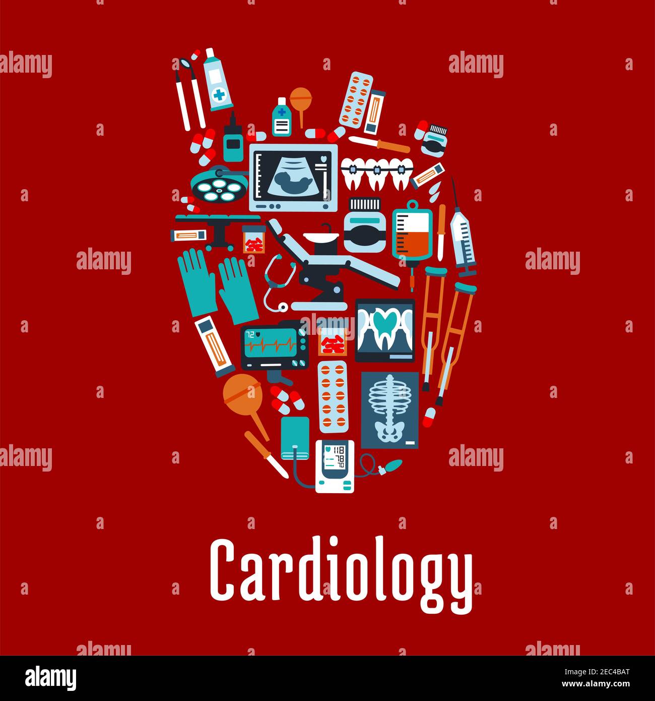 Cardiology health care symbol of heart silhouette with pills and syringes, medicine bottles and stethoscope, operation table and blood bag, ecg and bl Stock Vector