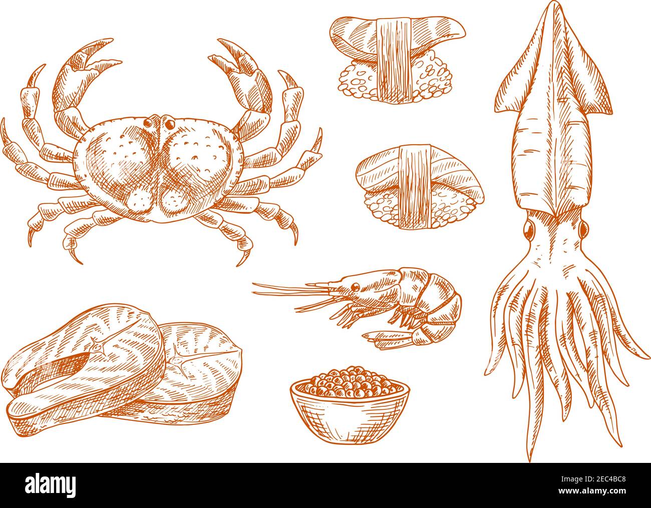 Fresh atlantic crab, squid and shrimp, sushi nigiri with tuna and scallop, salmon steaks and smoked roe red sketch icons. Old fashioned recipe book, o Stock Vector