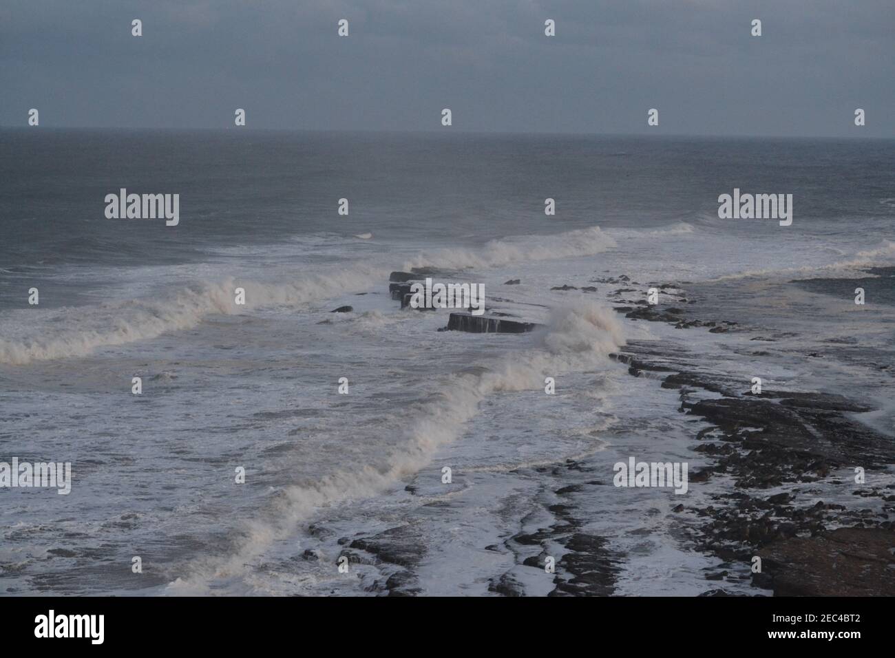 Wild And Windy North Sea - Filey Brigg - Rough North Sea - White Water - Crashing Waves - Winter - Yorkshire - UK Stock Photo