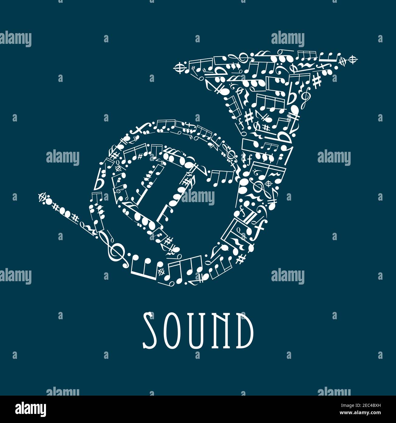 Bass and treble clefs and notes in random scattered pattern united in