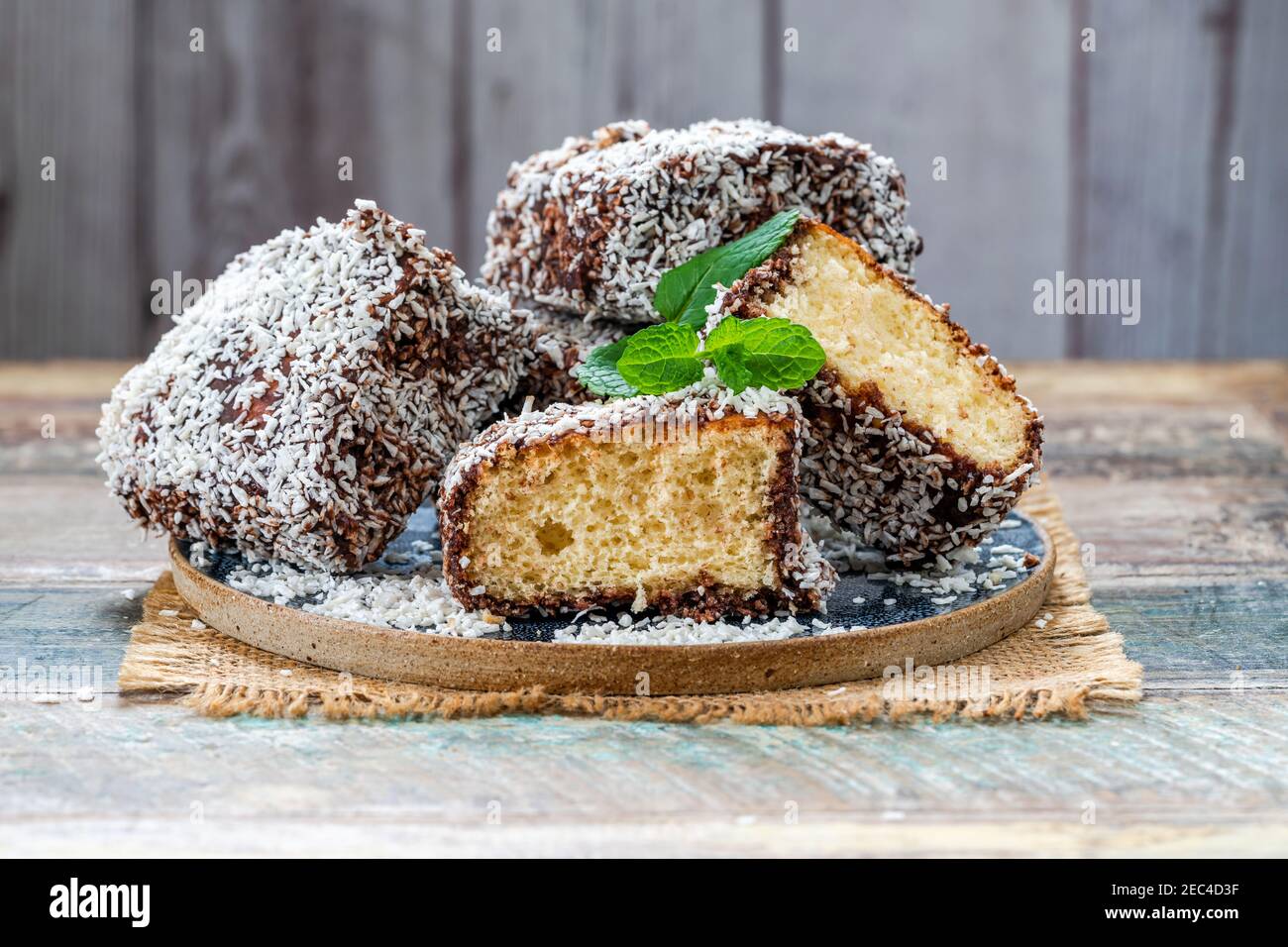 Lamington Cake coated in desiccated coconut Australia Stock Photo  Picture And Rights Managed Image Pic SFD281770  agefotostock