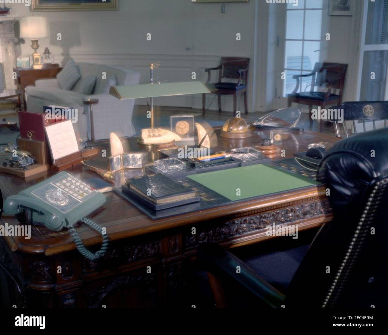 Oval Office furniture. View of the HMS Resolute desk in the Oval Office of the White House