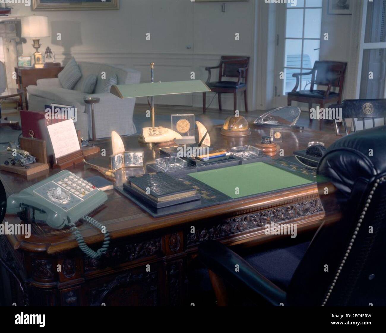 Oval Office furniture. View of the HMS Resolute desk in the Oval Office