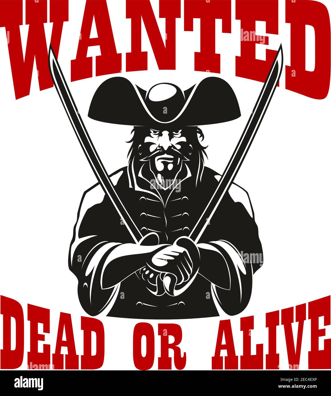 Reward or bounty for pirate or criminal robber or corsair with sword or saber,hat and beard wanted dead or alive Stock Vector